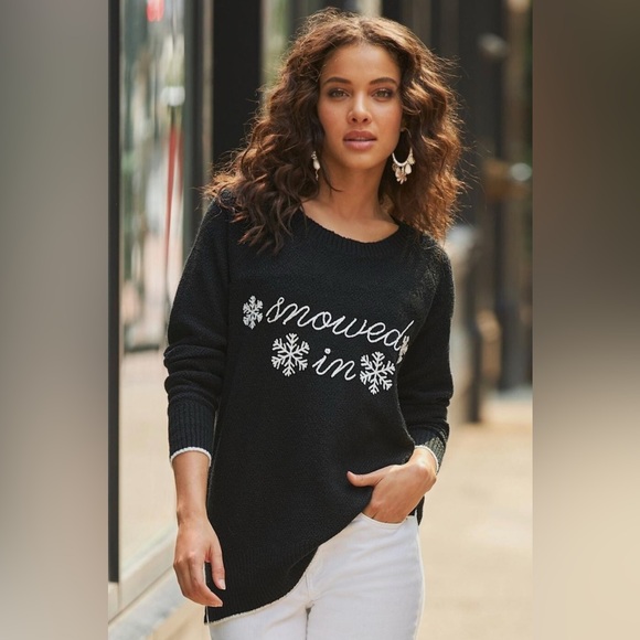 BOSTON PROPER Snow Holiday Knit Sweater Women’s Medium Embroidered Snowflake Blk - Picture 4 of 10